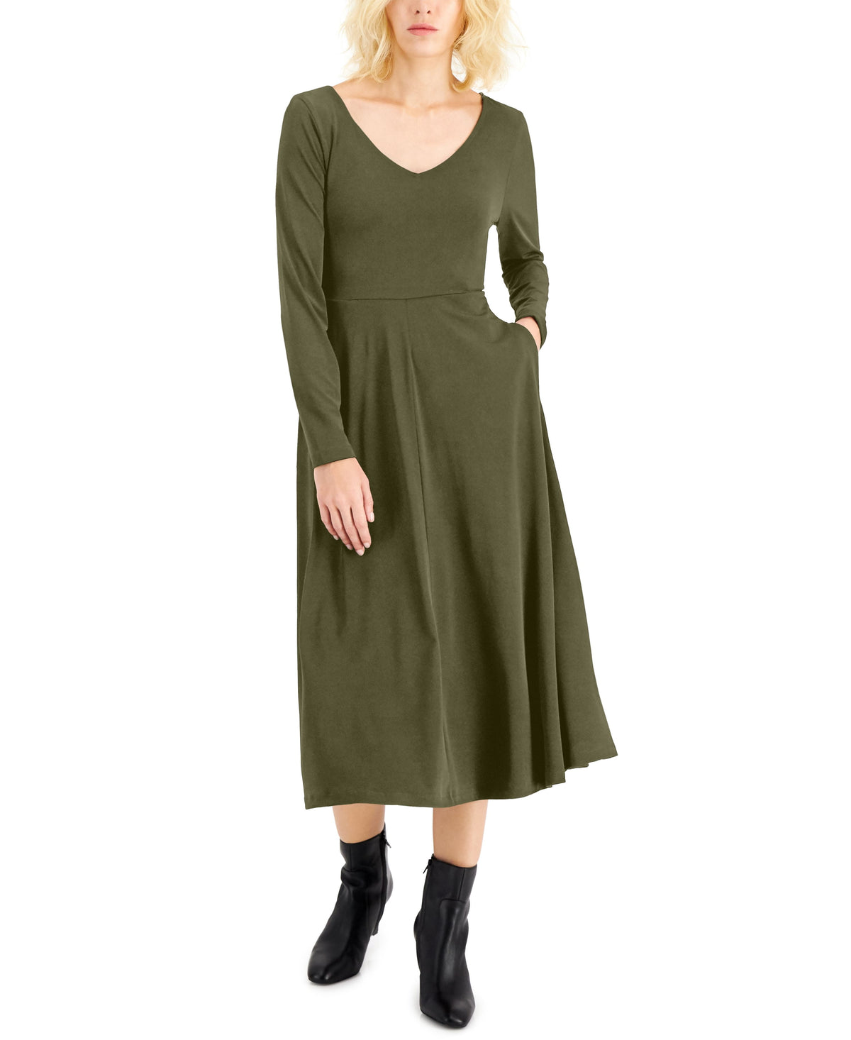thumbnail image 1 of Alfani Womens V Neck Fit Flare Dress New Avocado S, 1 of 1