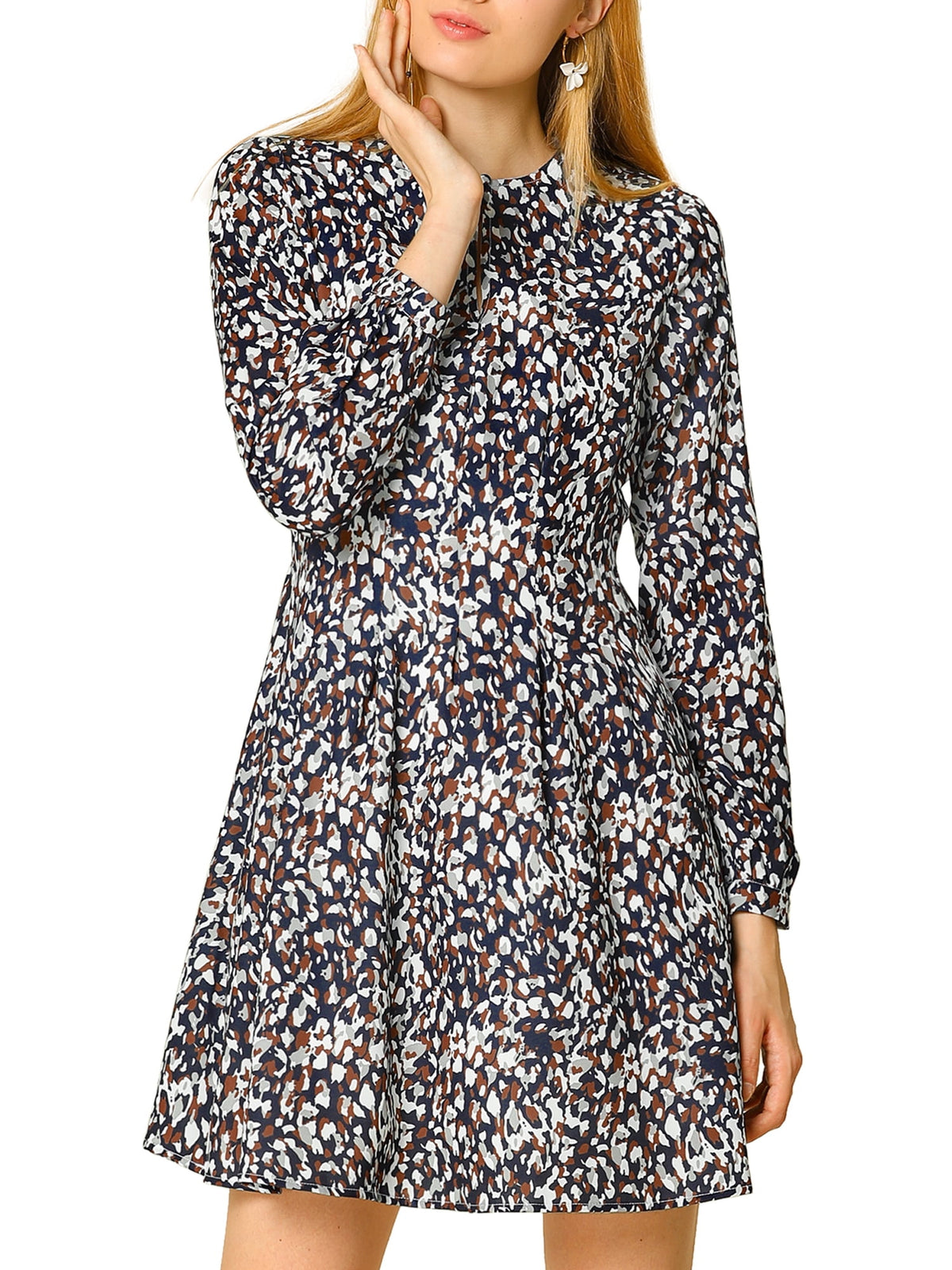 thumbnail image 1 of INSPIRE CHIC Women's Leopard Keyhole Above Knee Pleated a-Line Dress M Navy Blue, 1 of 8