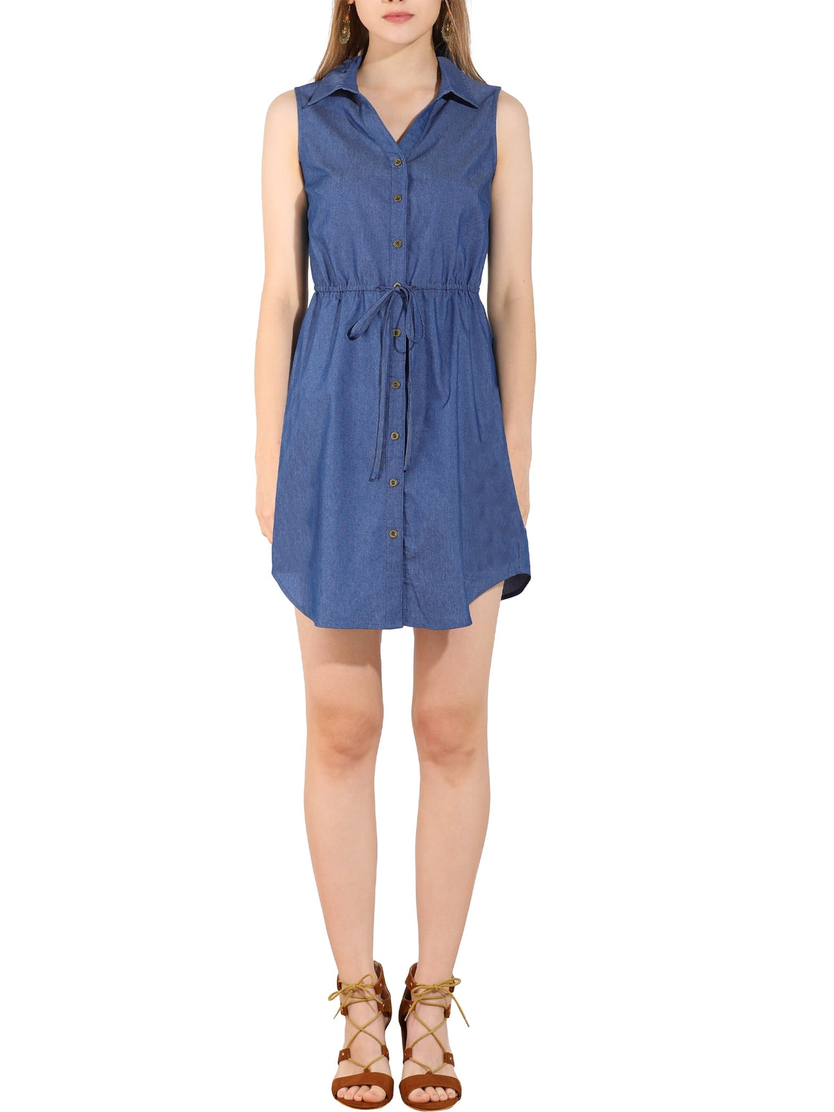thumbnail image 1 of INSPIRE CHIC Women's Sleeveless Collar Button Down Tie Waist Belt Denim Shirt Dress XS Blue, 1 of 7