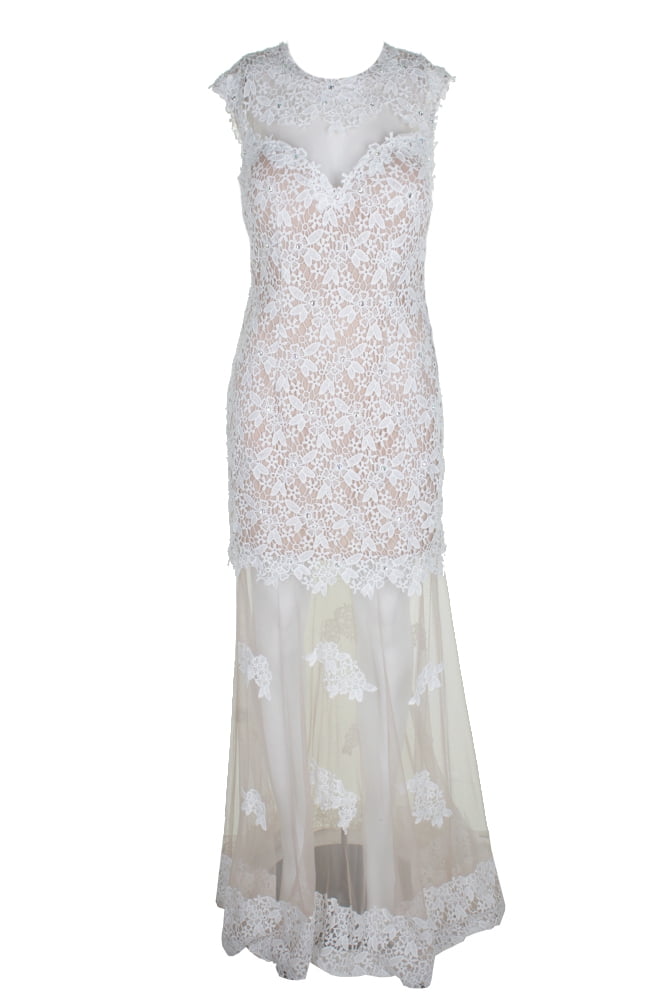 thumbnail image 1 of Avery G White Nude Popover Crochet Rhinestone Mesh Gown 10, 1 of 1