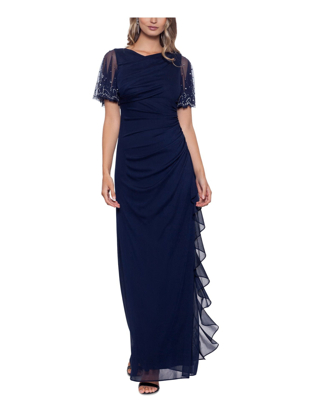 thumbnail image 1 of B&A BY BETSY & ADAM Womens Navy Embellished Zippered Ruched Cascading Ruffle Flutter Sleeve Boat Neck Full-Length Formal Gown Dress 10, 1 of 4