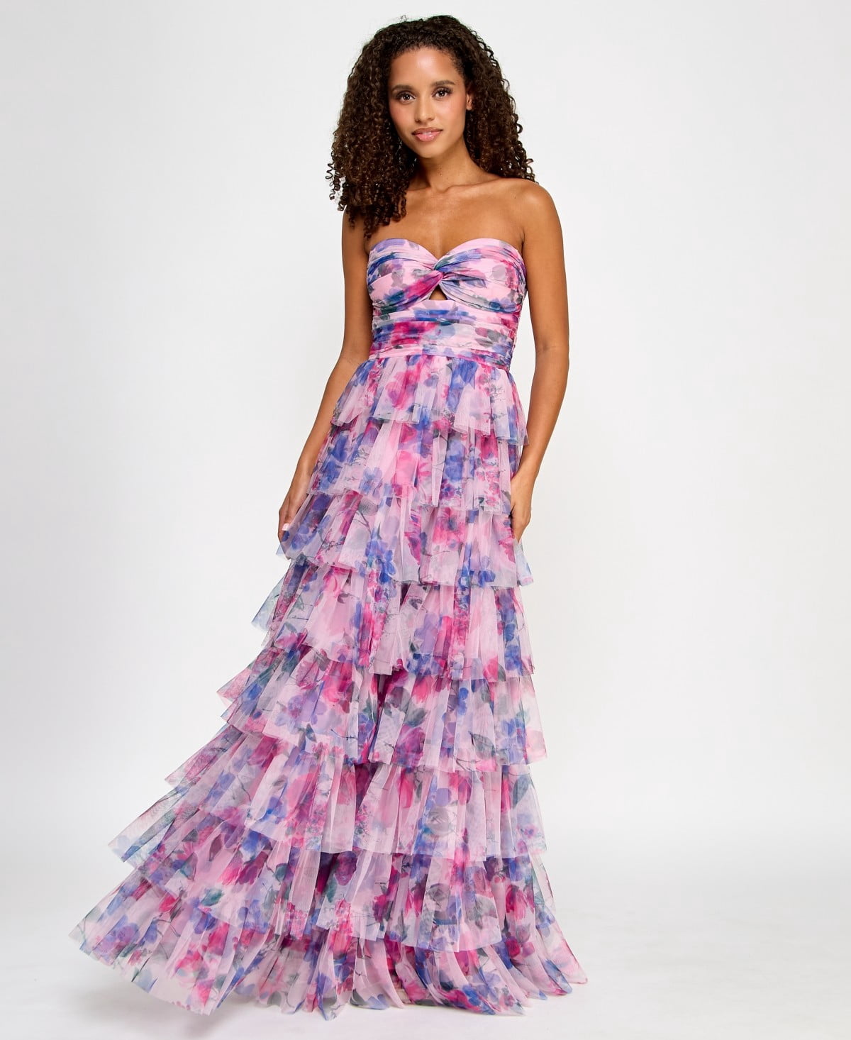 thumbnail image 1 of BCX PURPLE MULTI Juniors' Floral Print Ruffled Strapless Gown, US 9, 1 of 3