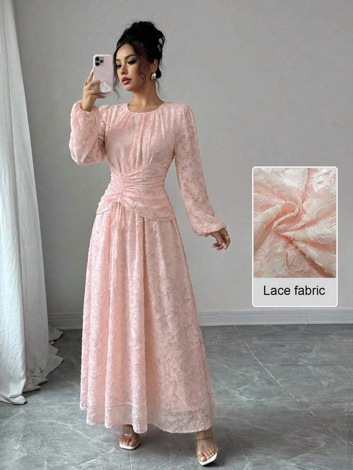 thumbnail image 1 of Baby Pink Long Sleeve Ruched Waist Lace Maxi Dress, 1 of 6