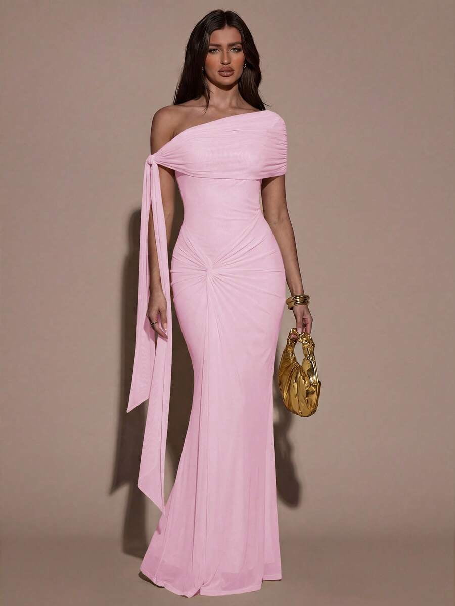 thumbnail image 1 of Baby Pink One Shoulder Ruched Bodycon Maxi Dress For Evening Party, 1 of 30
