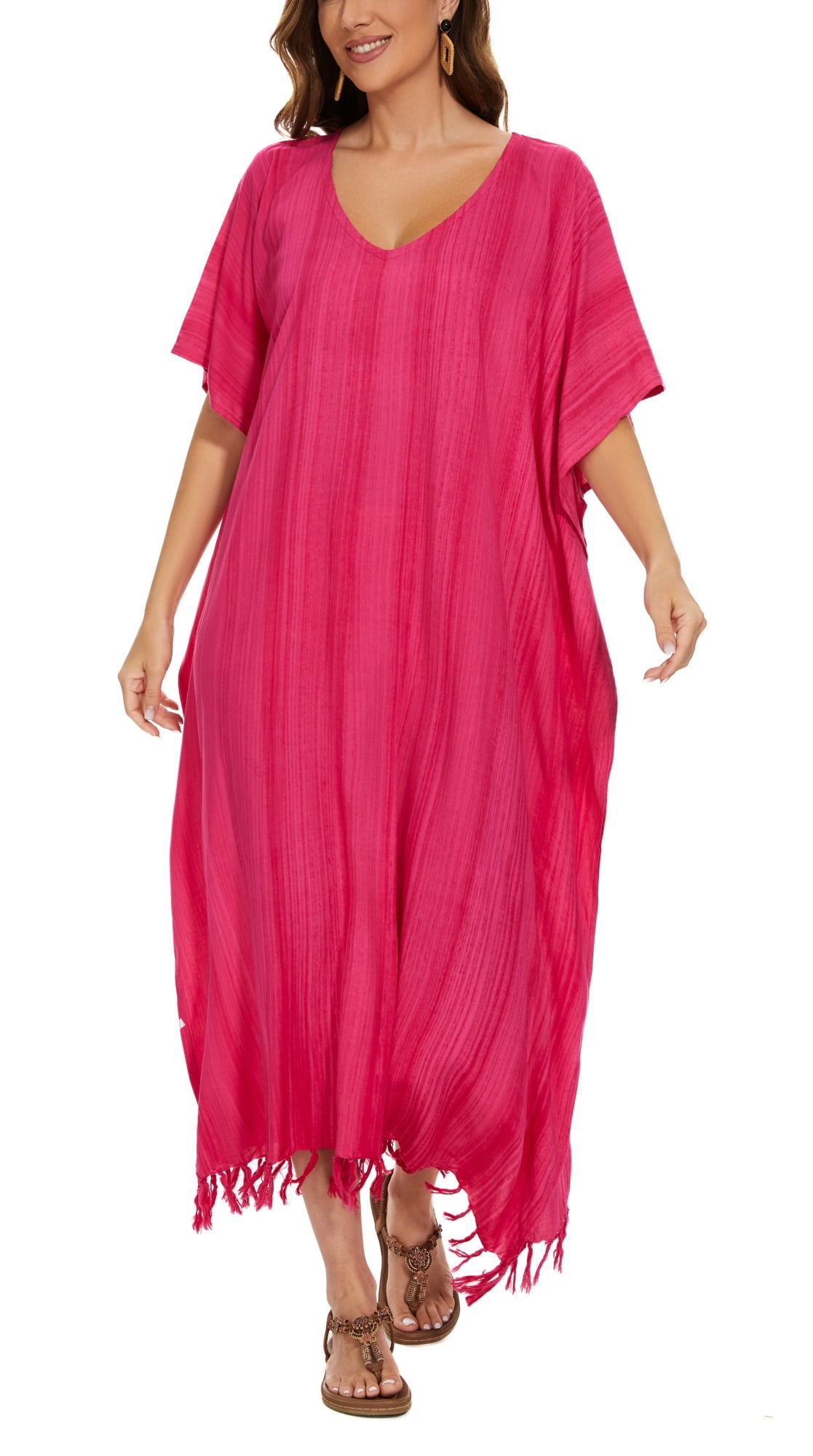 thumbnail image 1 of Beautybatik Fuchsia Women Stripe Caftan Kaftan Loungewear Maxi Plus Size Long Dress 4X, 1 of 6