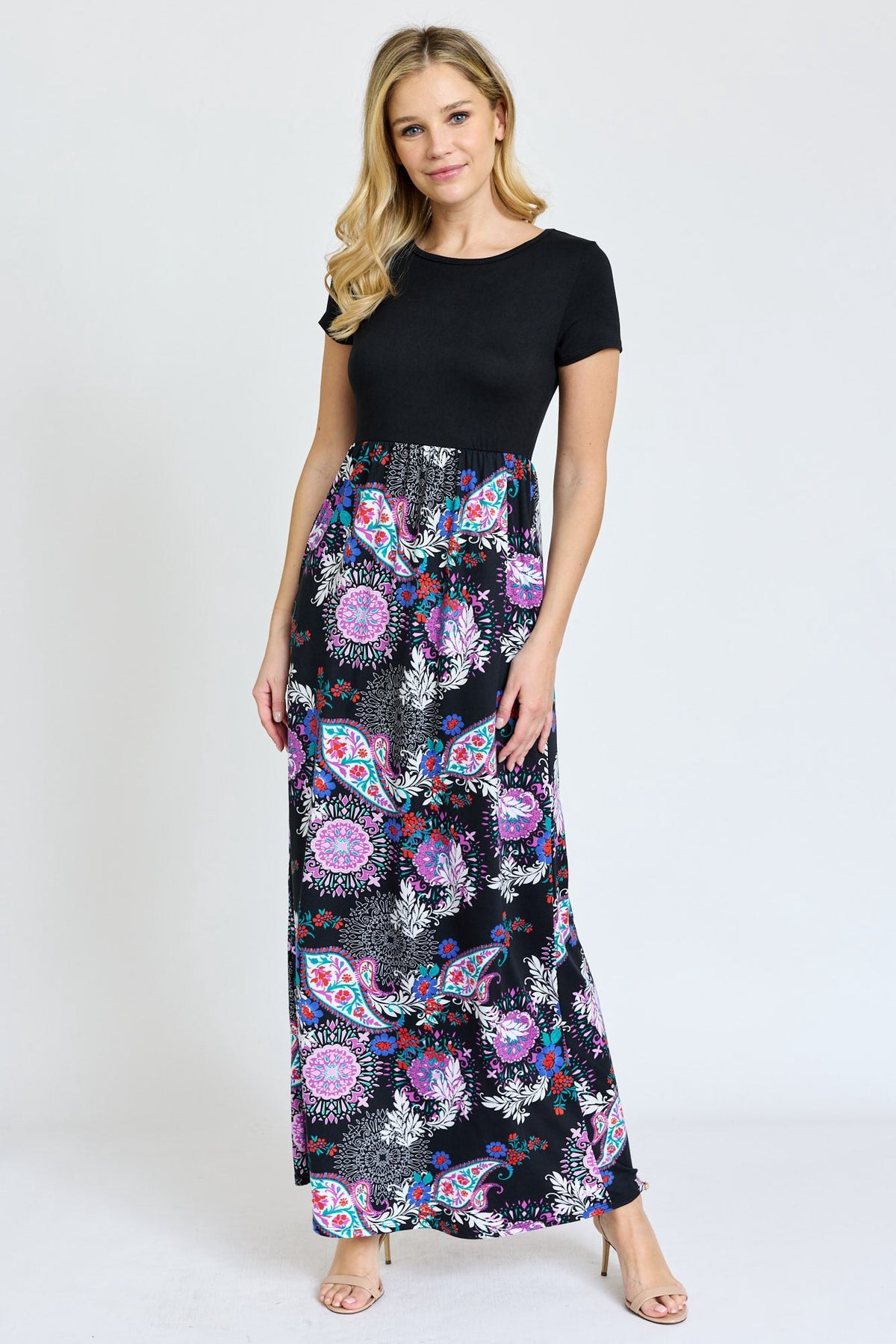 thumbnail image 1 of Black Short Sleeve Contrast Purple Paisley Maxi Dress | S-3X, 1 of 7