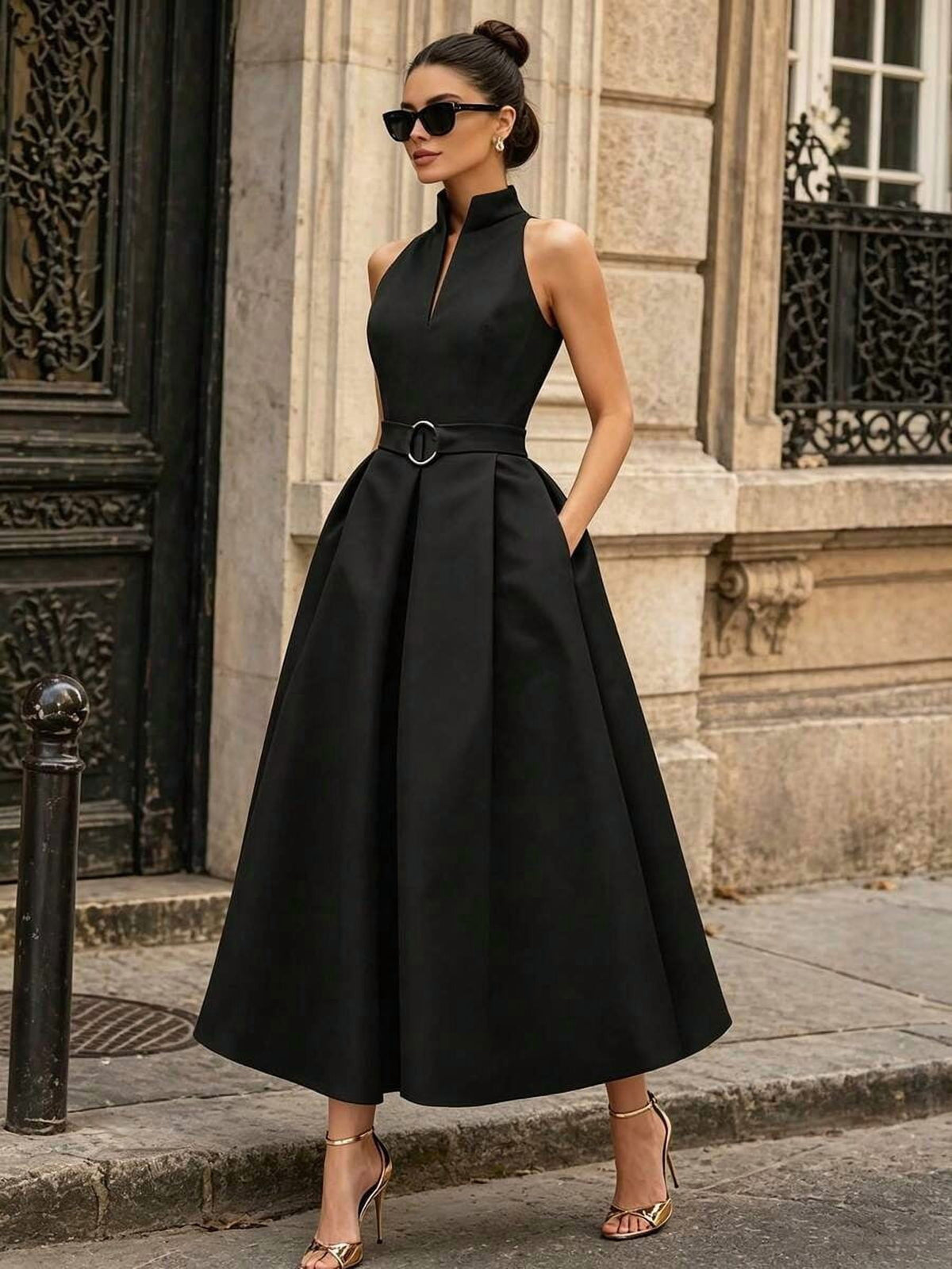 thumbnail image 1 of Black Sleeveless High-Neck A-Line Midi Dress With Belted Waist, 1 of 8