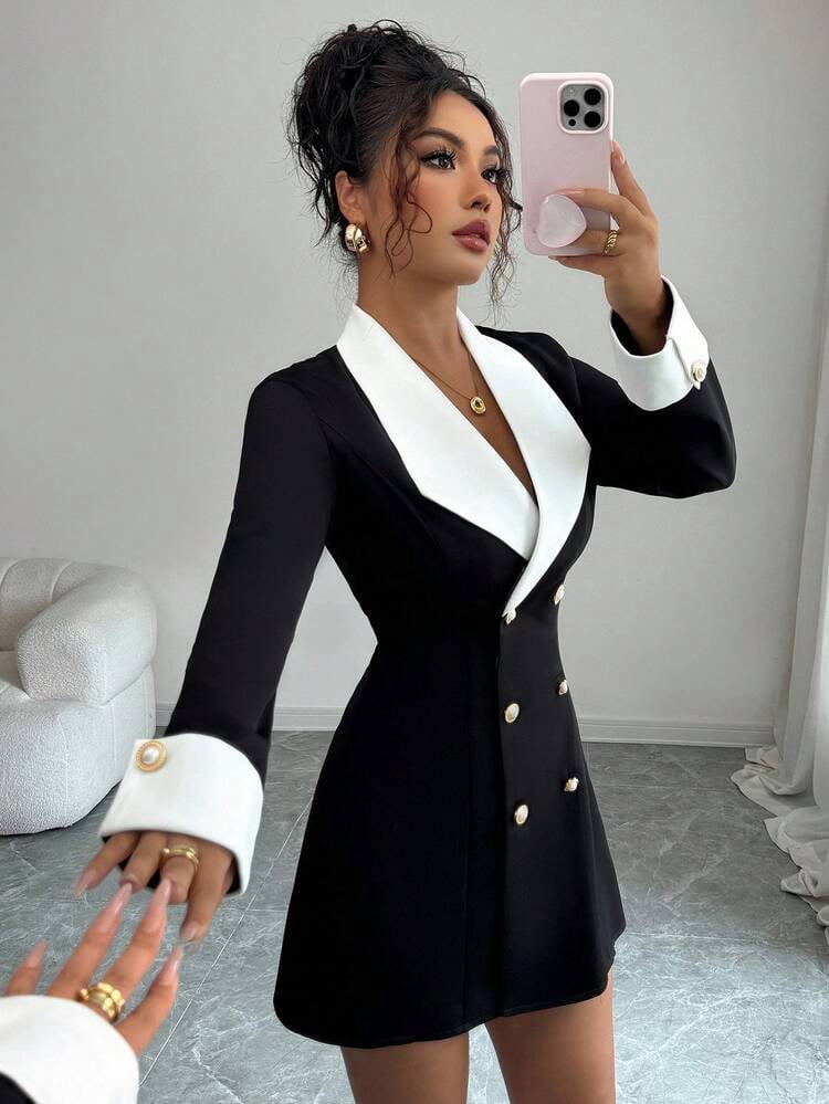 thumbnail image 1 of Black and White Long Sleeve Double Breasted Blazer Dress with Contrast, 1 of 5