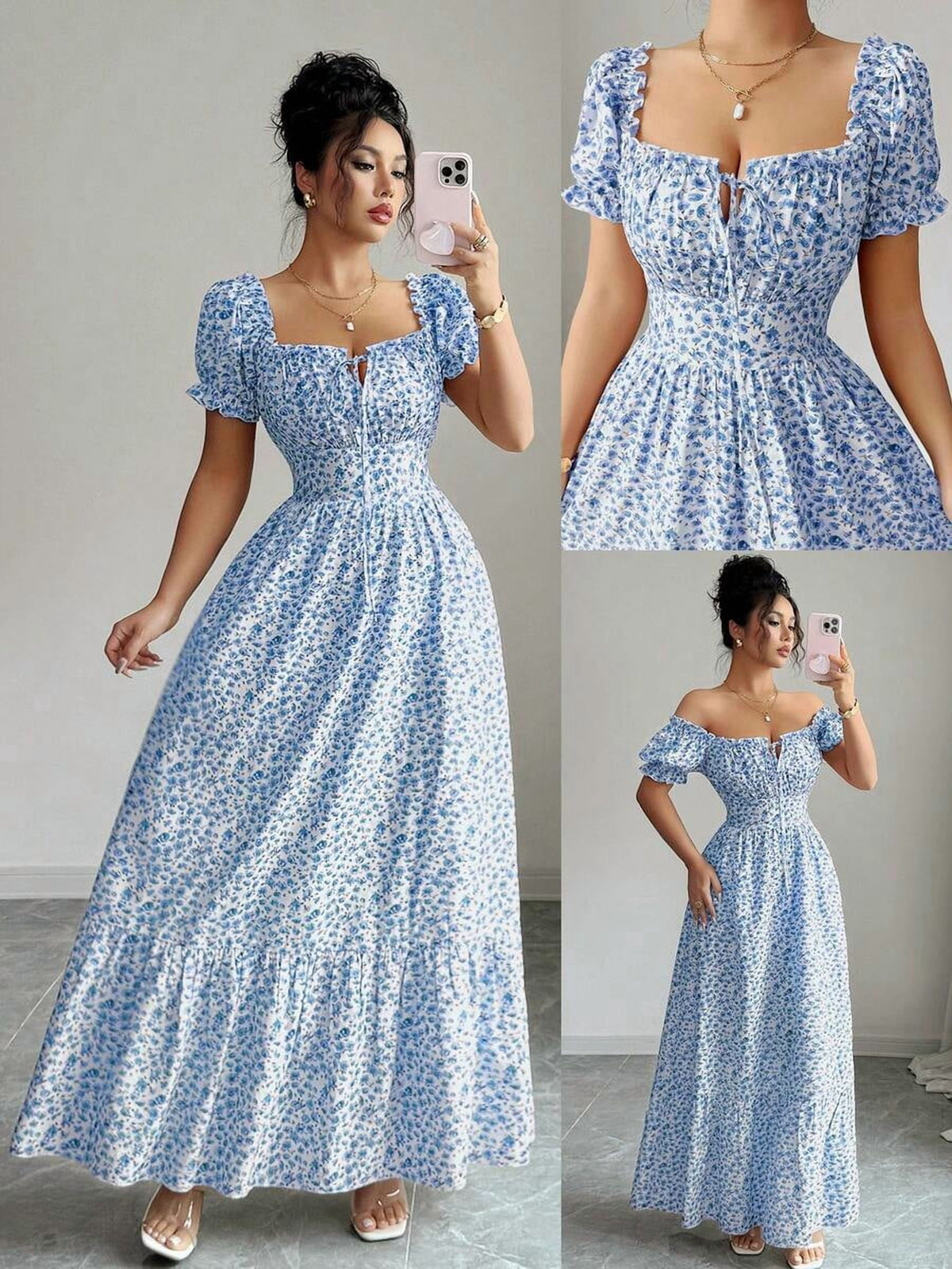 thumbnail image 1 of Blue Floral Print Ruched Front Tie Maxi Dress With Puff Sleeves And Square, 1 of 30