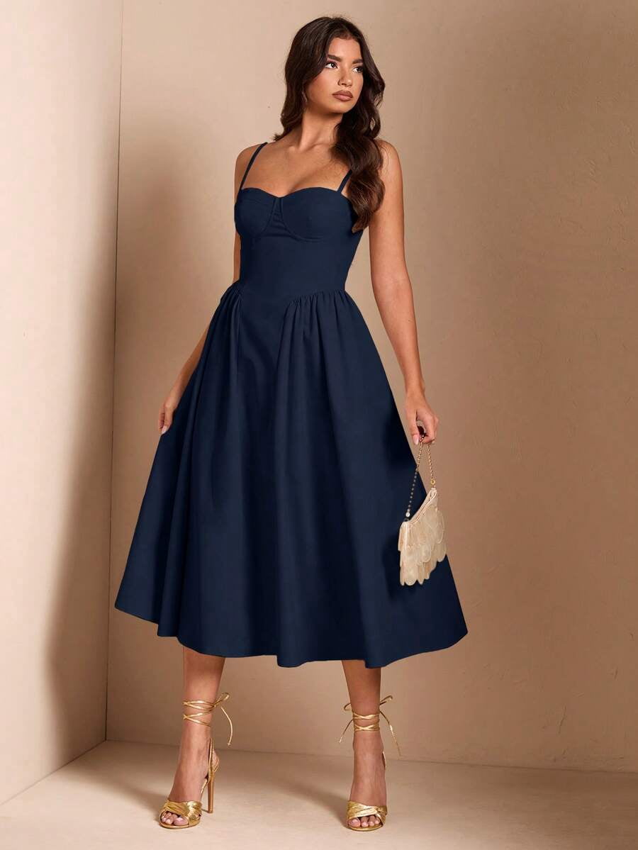 thumbnail image 1 of Blue Spaghetti Strap Sweetheart Neck Fit & Flare Midi Dress, 1 of 30