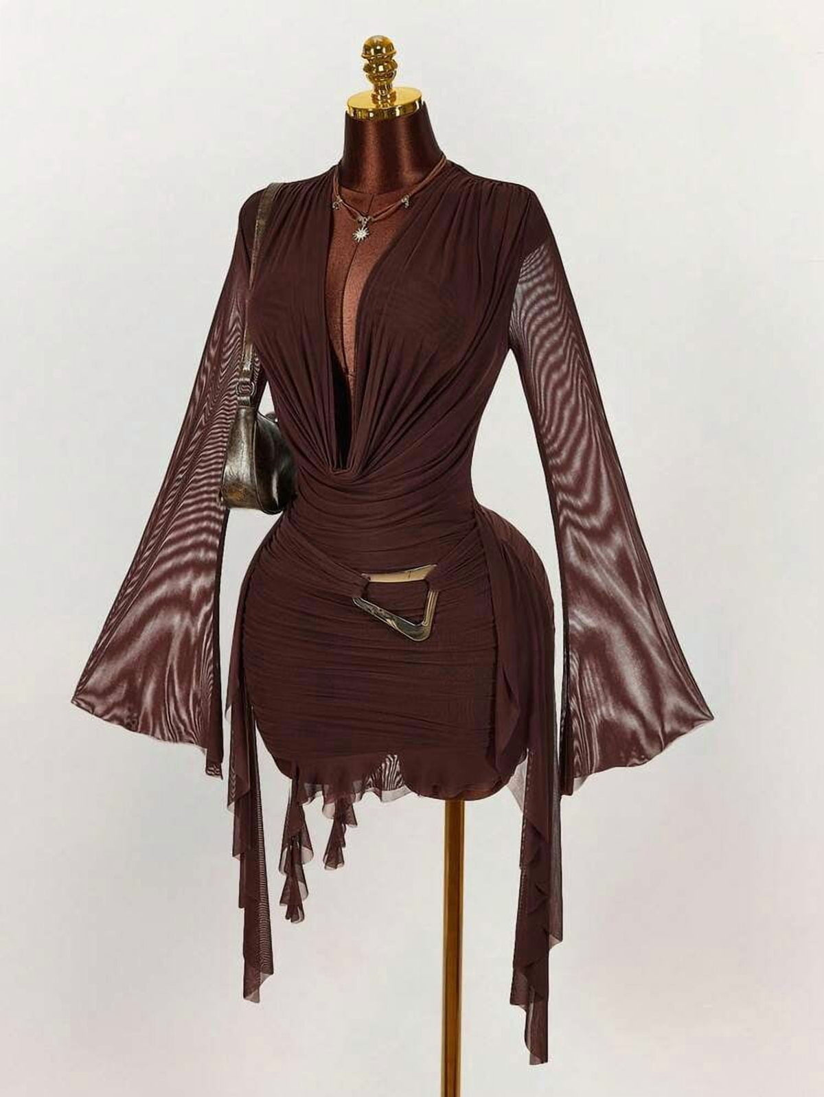thumbnail image 1 of Brown Long Sleeve Mesh Mini Dress with Deep V-Neck and Ruffle Hem, 1 of 10