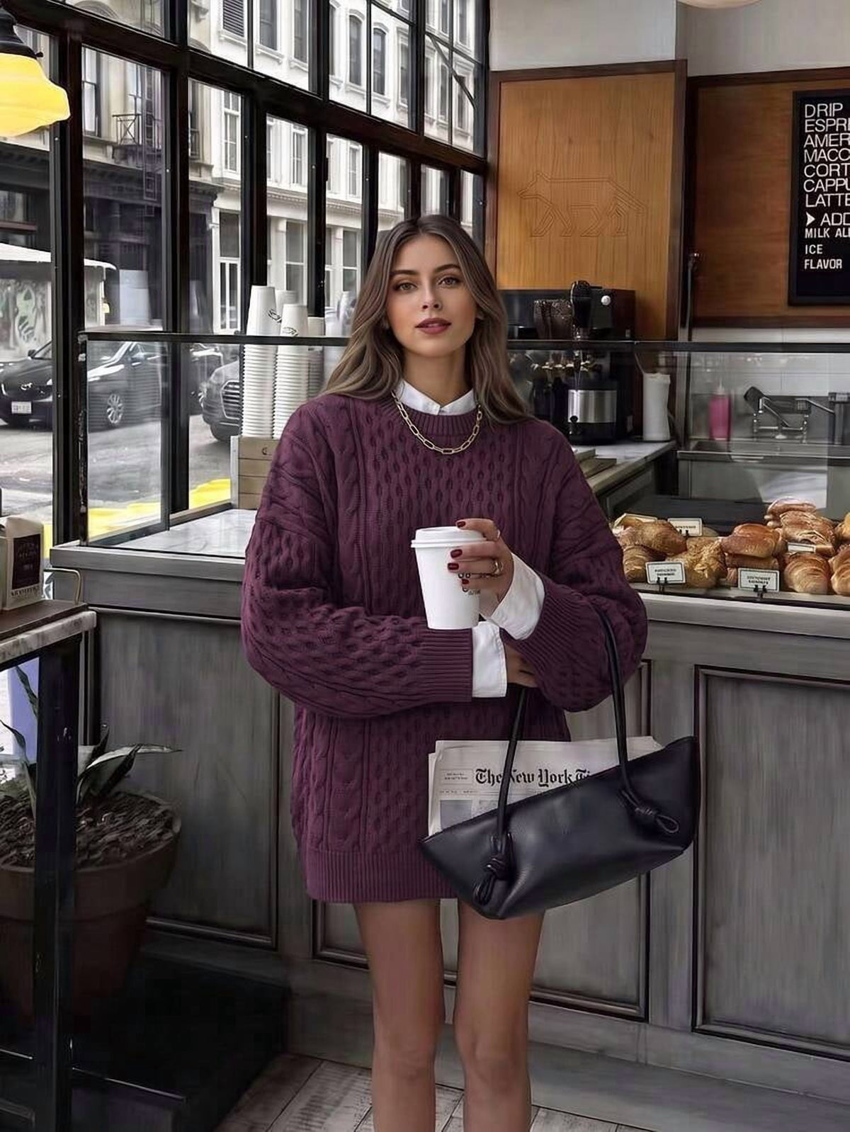 thumbnail image 1 of Burgundy Cable Knit Oversized Sweater Dress, 1 of 7