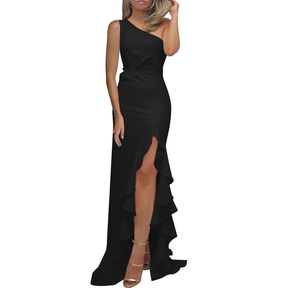 thumbnail image 1 of CBGELRT Elegant One Shoulder Prom Dresses for Women Wedding Guest Maxi Long Formal Occasion Dresses Ruched Ruffle Slit Party Dress Black L, 1 of 4