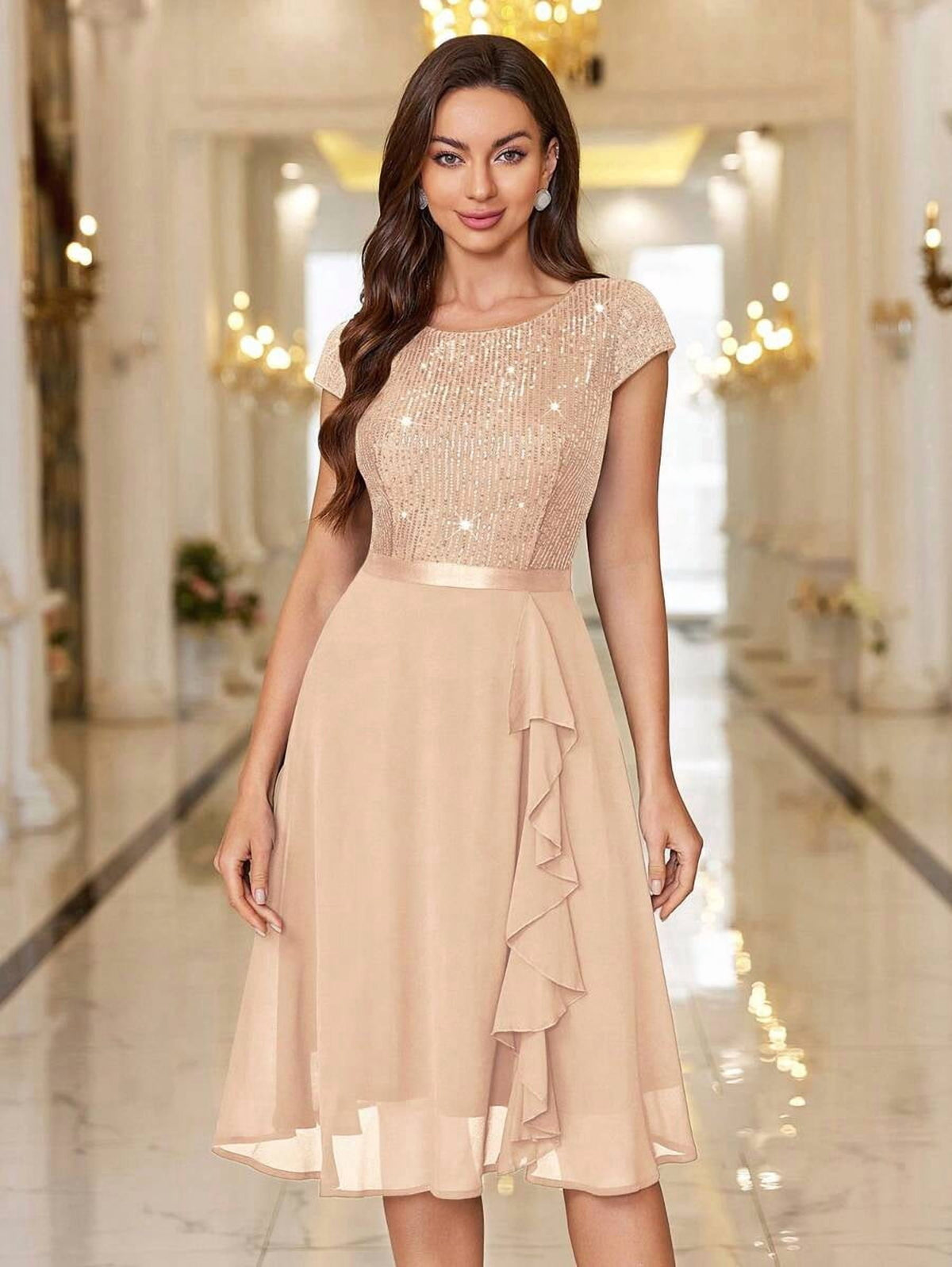 thumbnail image 1 of Champagne Sequin Bodice Chiffon A-Line Midi Dress With Cap Sleeve Ruffle, 1 of 28