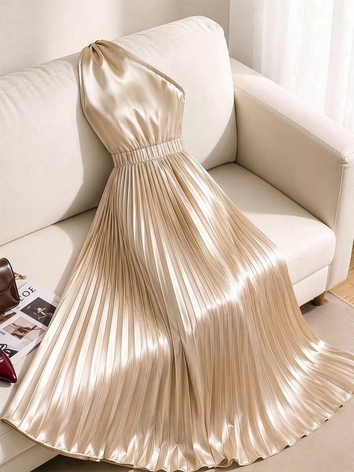 thumbnail image 1 of Curves Apricot Satin One Shoulder Asymmetrical Dress, 1 of 7