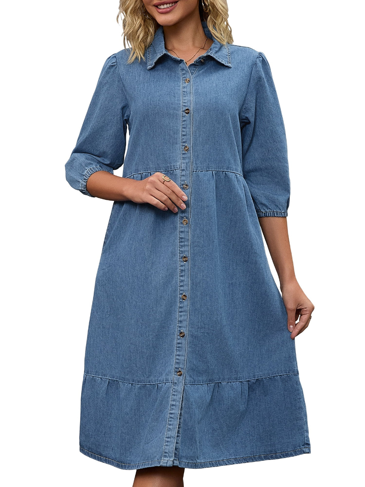 thumbnail image 1 of DARING DIVA Women's 3/4 Sleeve Button Down Collar Swing Tiered Dress M Light Blue, 1 of 7
