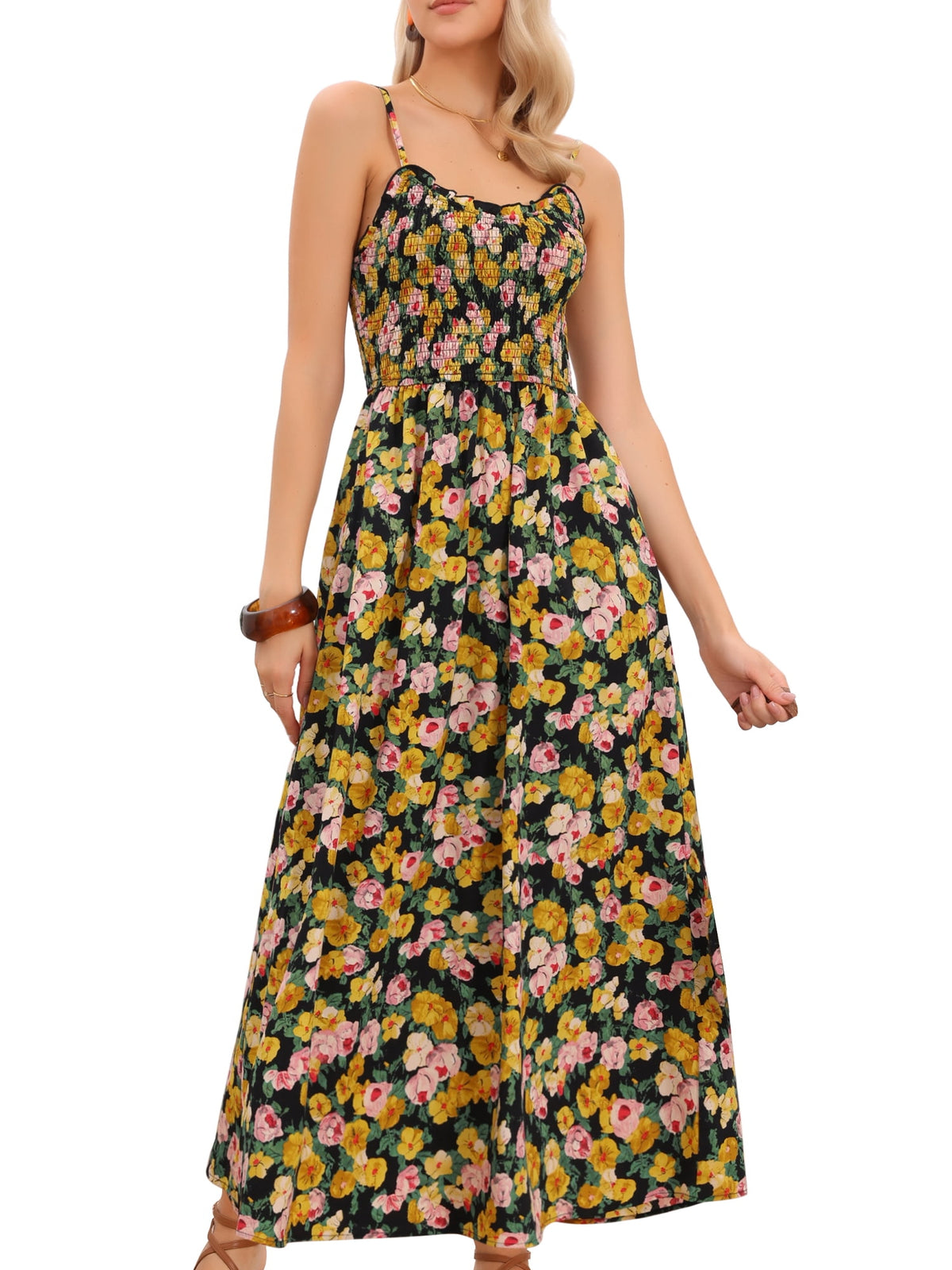 thumbnail image 1 of DARING DIVA Women's Boho Floral Maxi Spaghetti Strap V-Neck Sundress XS Black Yellow, 1 of 6