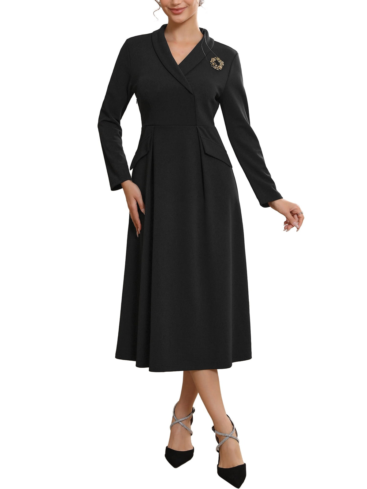 thumbnail image 1 of DARING DIVA Women's Collared V Neck Long Sleeve Blazer Dresses with Brooch S Black, 1 of 6