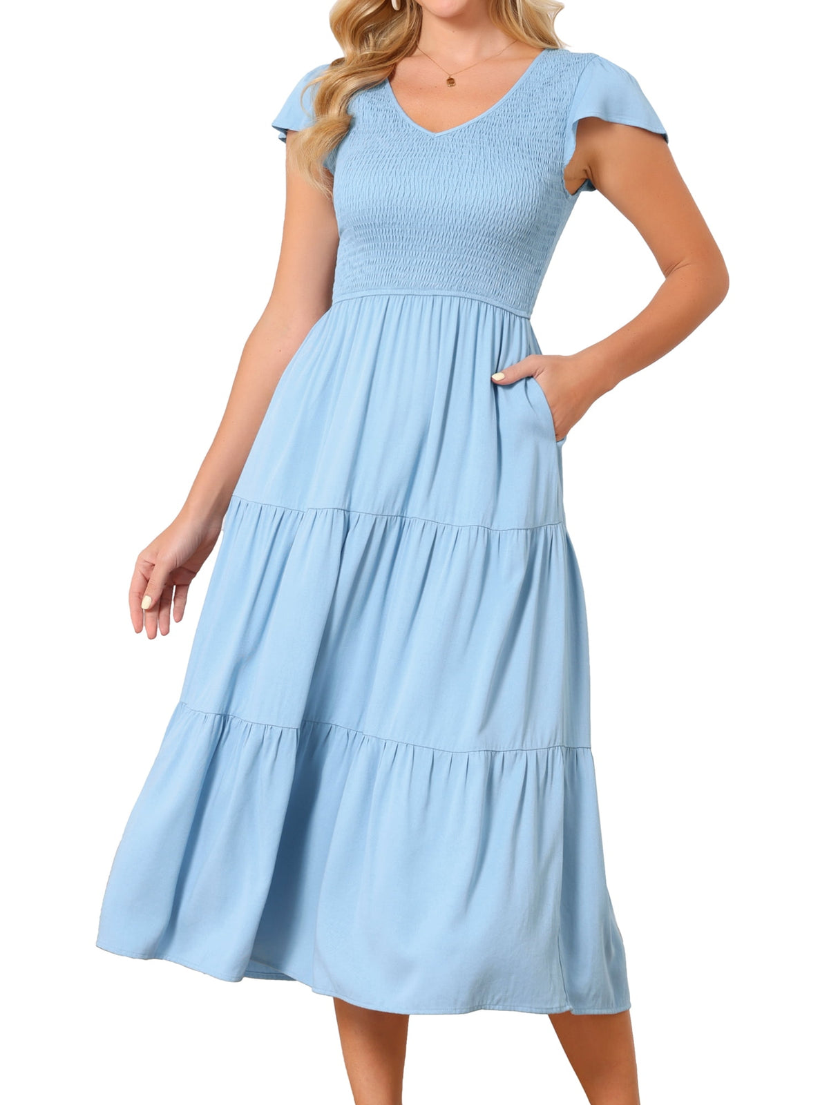 thumbnail image 1 of DARING DIVA Women's Smocked Flutter Sleeve V Neck Midi Dresses S Light Blue, 1 of 6