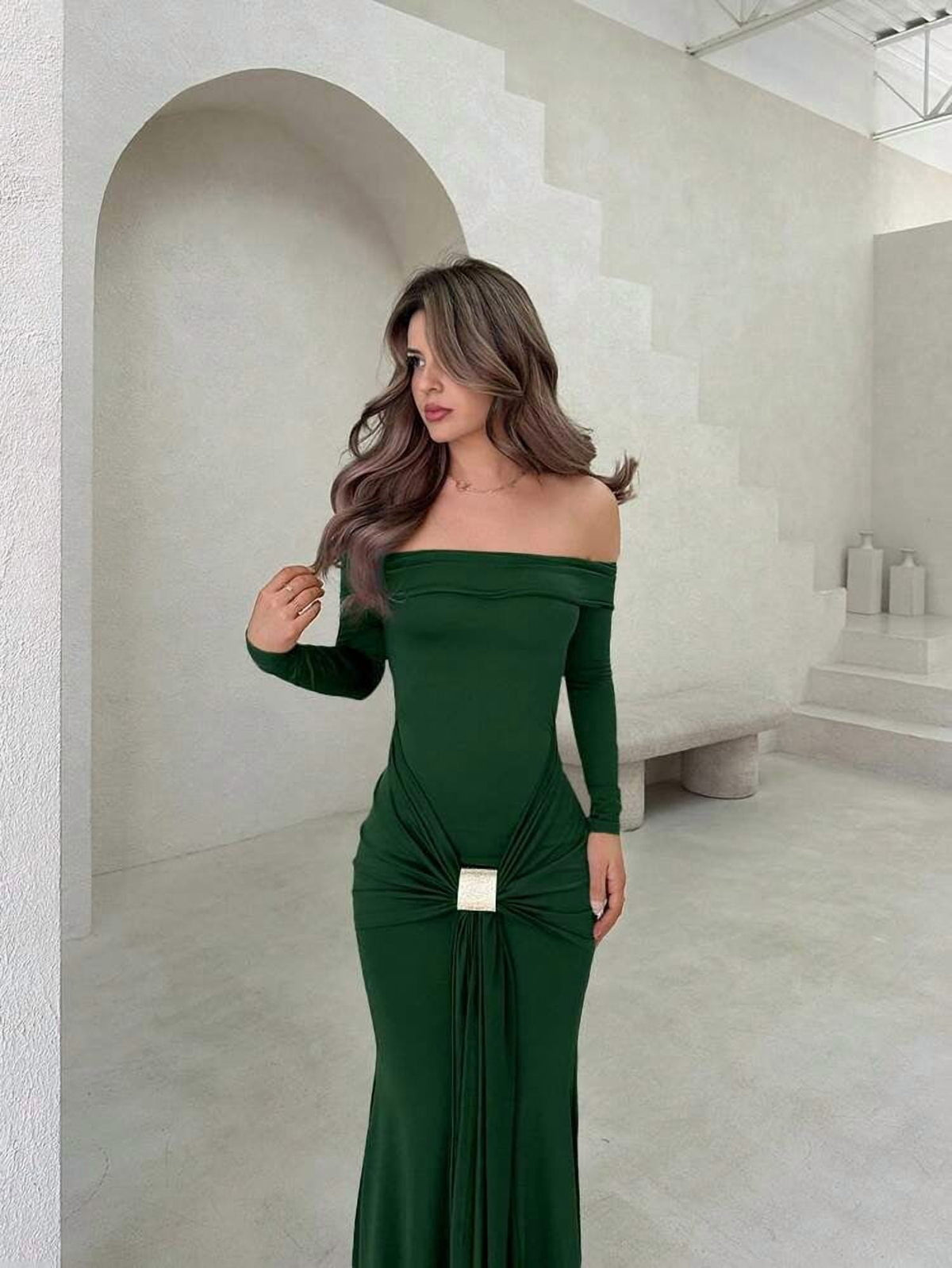thumbnail image 1 of Dark Green Off Shoulder Long Sleeve Maxi Dress with Gold Ornamental Buckle, 1 of 6