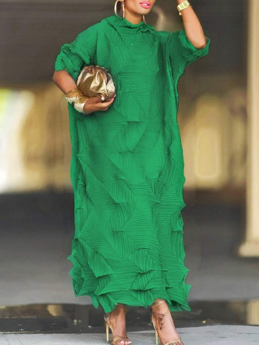 thumbnail image 1 of Dark Green Textured Pleated Midi Dress With Ruffled Hem And High Neck, 1 of 8