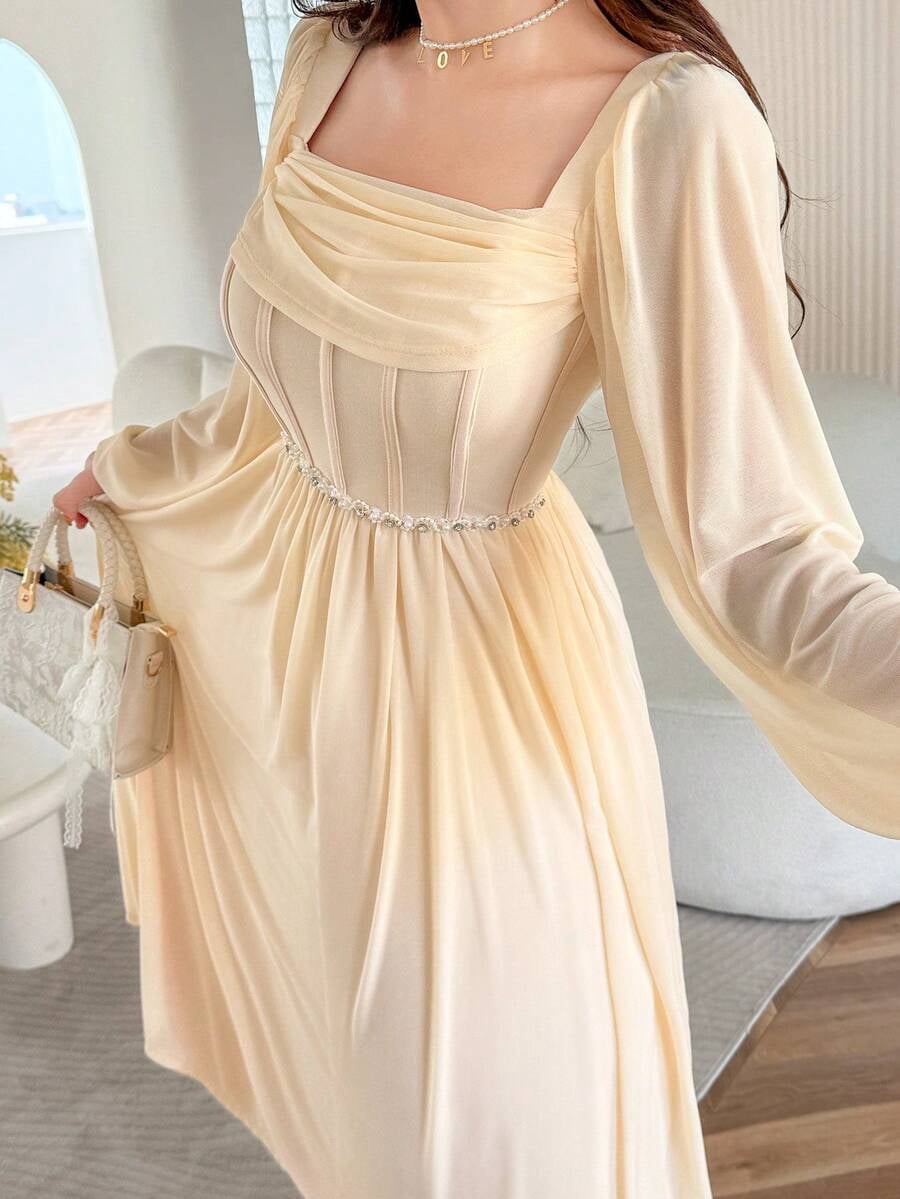 thumbnail image 1 of Elegant Apricot Long Party Dress for Women, Square Neck Pleated Waist, 1 of 7