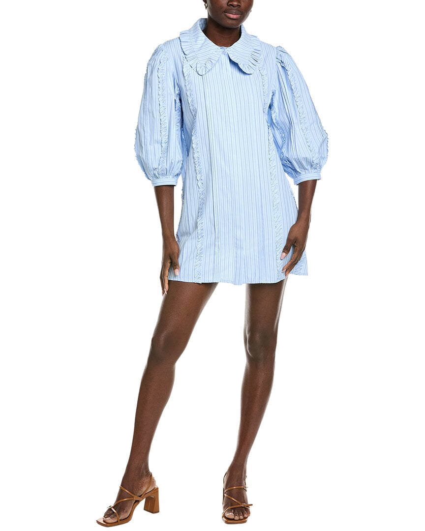 thumbnail image 1 of English Factory womens Pintuck & Ruffle Detail Shirtdress, xs, Blue, 1 of 3