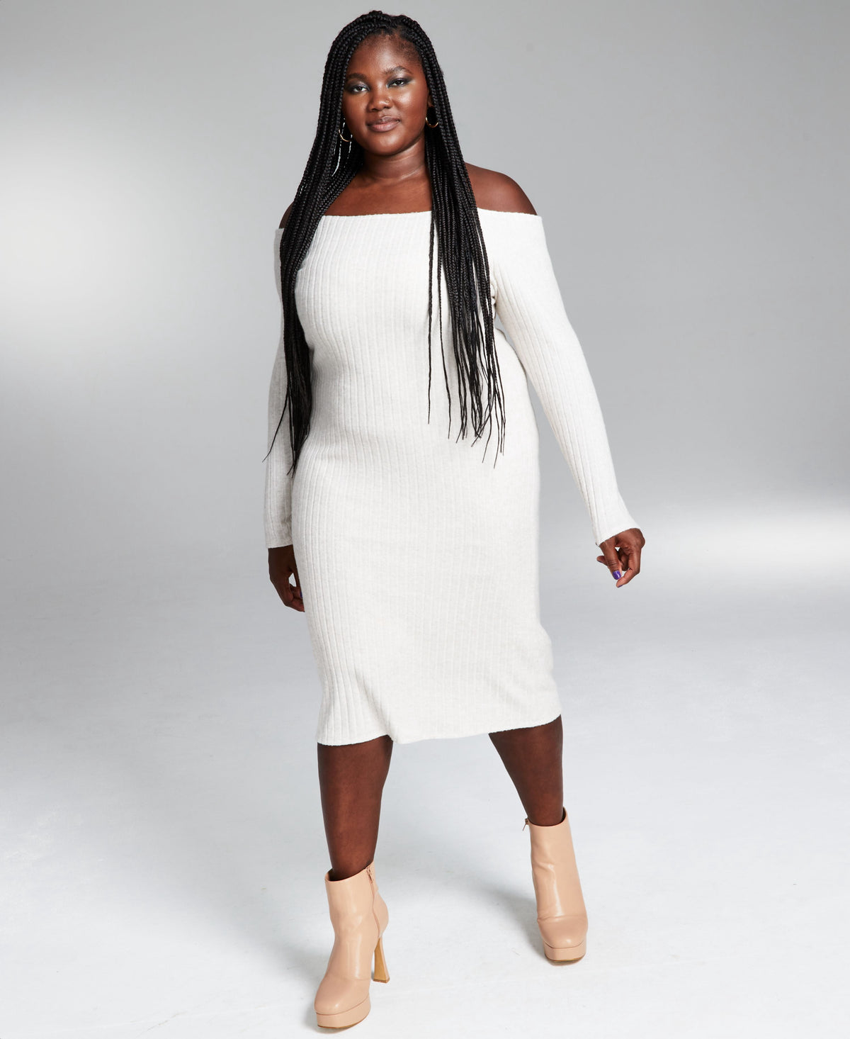 thumbnail image 1 of Googoo Atkins Trendy Plus Size Off The Shoulder Ribbed Midi Dress Natural Oat Heather 1X, 1 of 1