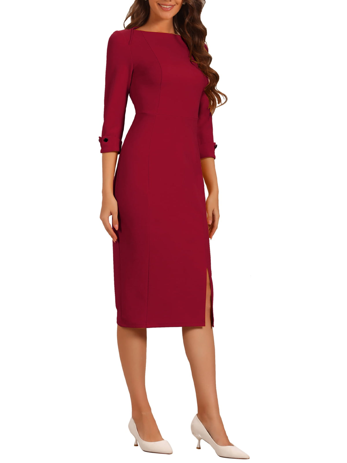thumbnail image 1 of INSPIRE CHIC Women's Sheath Dress Boat Neck 3/4 Sleeves Split Hem Wear-to-Work Midi Dresses Wine Red S, 1 of 6