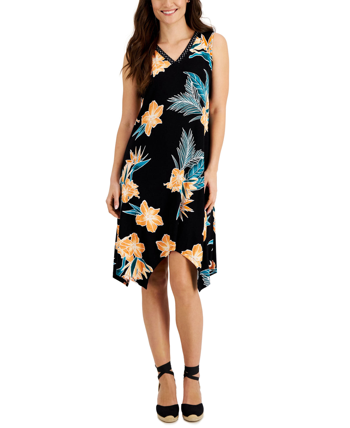 thumbnail image 1 of JM Collection Petite Printed Sleeveless Shift Dress Deep Black Combo PM, 1 of 1