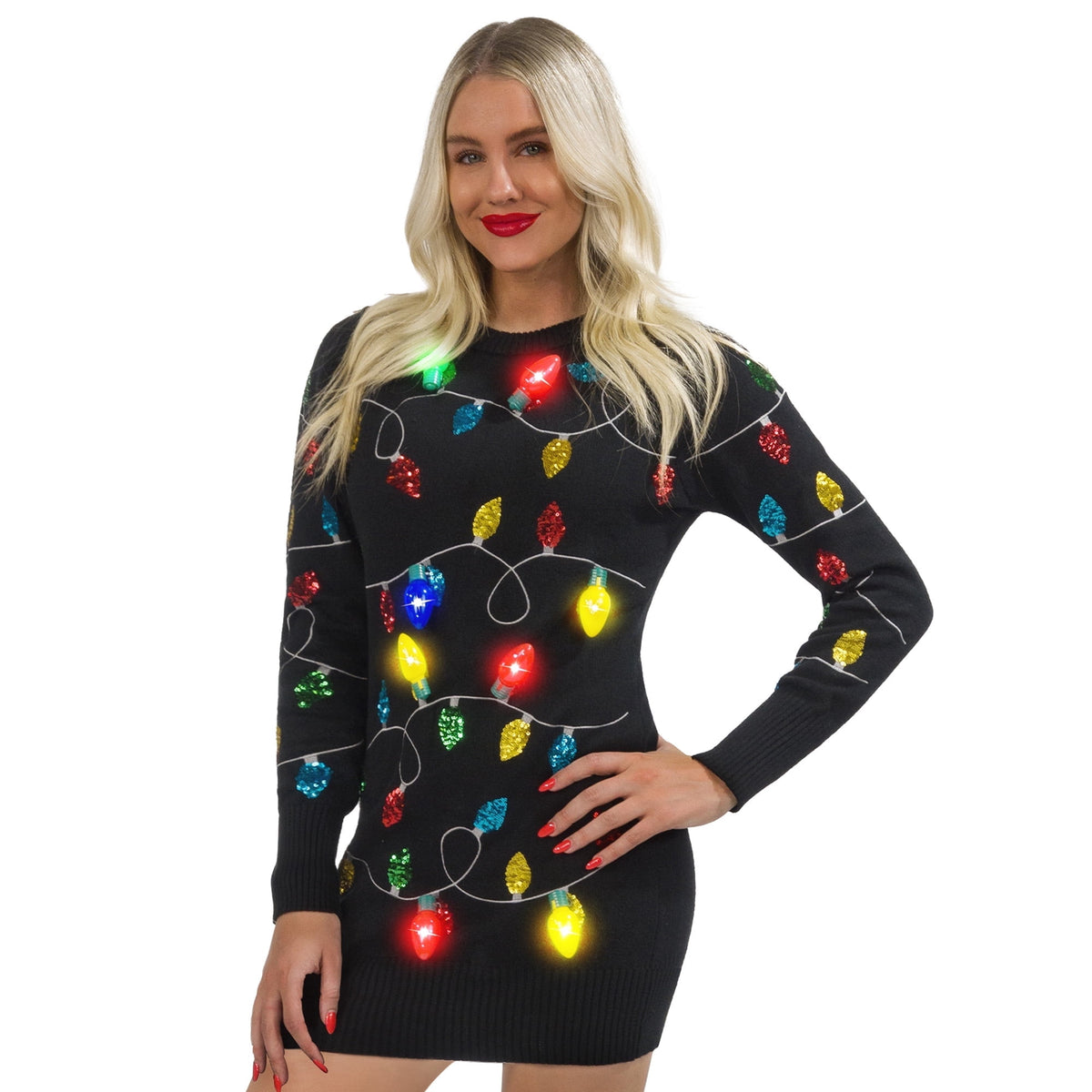 thumbnail image 1 of Joyfy Ugly Christmas Sweater Dress Women, LED Light Up Ugly Sweater, Women Christmas Sweater with Light Bulbs, Cute Funny Black Glowing Christmas Dress for Women (S, Black), 1 of 9