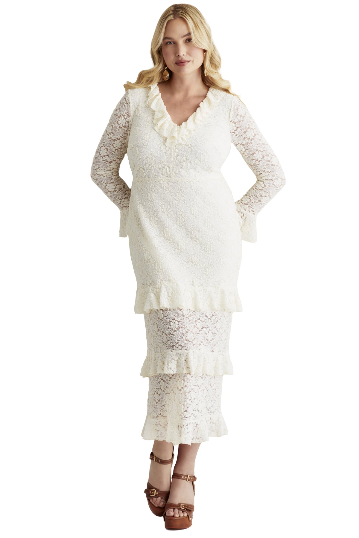 thumbnail image 1 of June & Vie Women's Plus Size Ruffled Lace Maxi Dress, 1 of 5