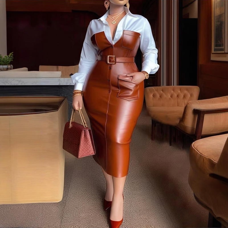 thumbnail image 1 of MORTTIC Women's Faux Leather Panel Shirt V-Collar Long Sleeve Belted Hem Slit Maxi Dress with Pockets Brown，XXL, 1 of 7