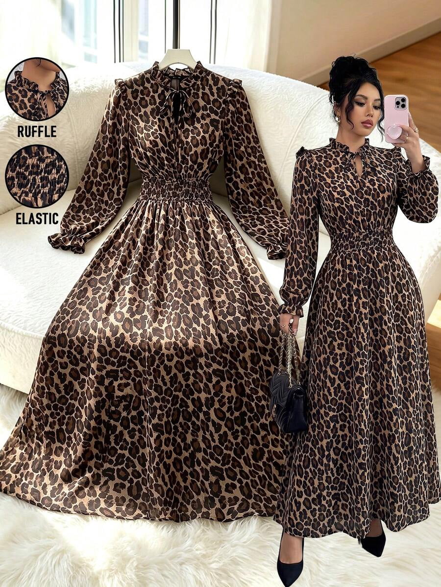 thumbnail image 1 of Multicolor Leopard Print Maxi Dress With Ruffle Neck And Elastic Waist, 1 of 21