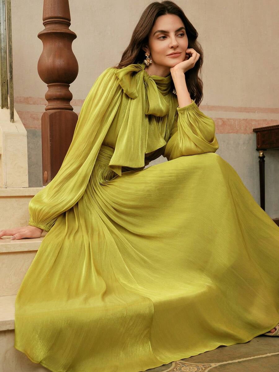 thumbnail image 1 of Mustard Yellow Long Sleeve Bow Neck Pleated Maxi Dress, Elegant Evening, 1 of 27