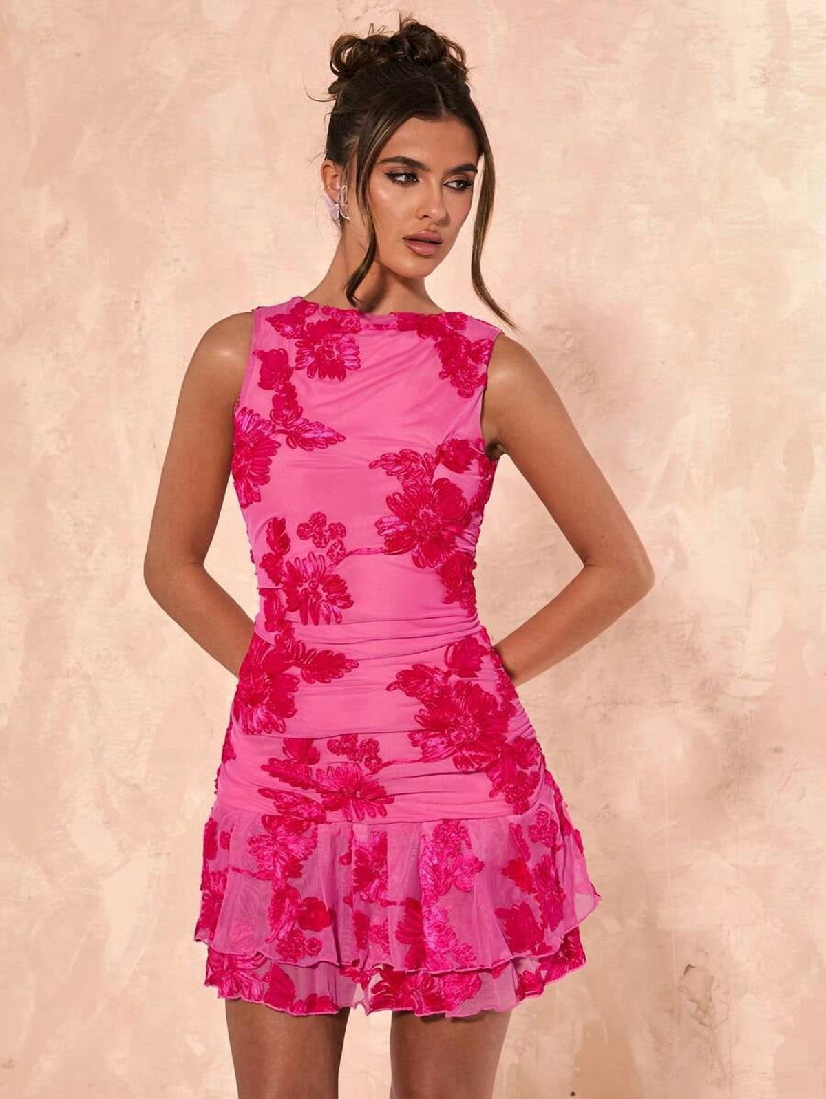 thumbnail image 1 of Pink Floral Embroidered Ruffle Hem Mini Dress Sleeveless Fit & Flare, 1 of 14