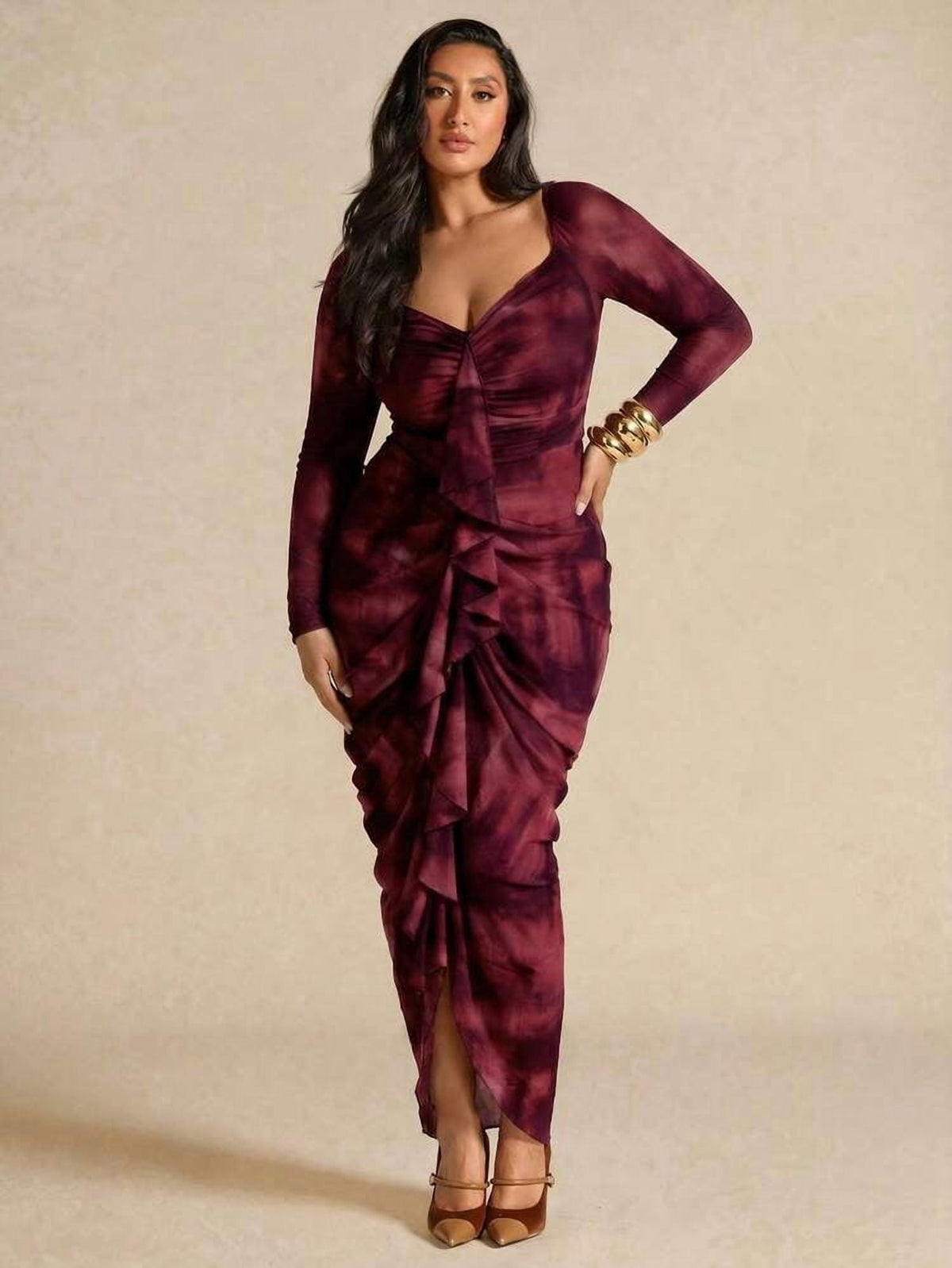 thumbnail image 1 of Red Violet Long Sleeve Ruched Maxi Dress with Tie Back, 1 of 6