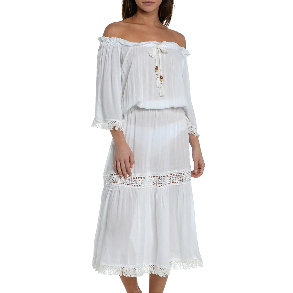 thumbnail image 1 of SUNSHINE 79 Women's Crochet Trim Off-the-shoulder Midi Dress Beach Swim Cover-Up-White / S, 1 of 5