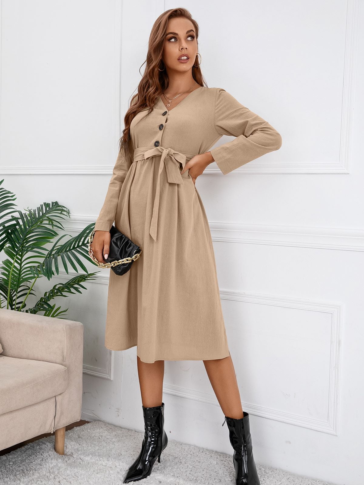 thumbnail image 1 of Solid Color V Neck Tie Waist Belted Dress for Women Knee Length, 1 of 3