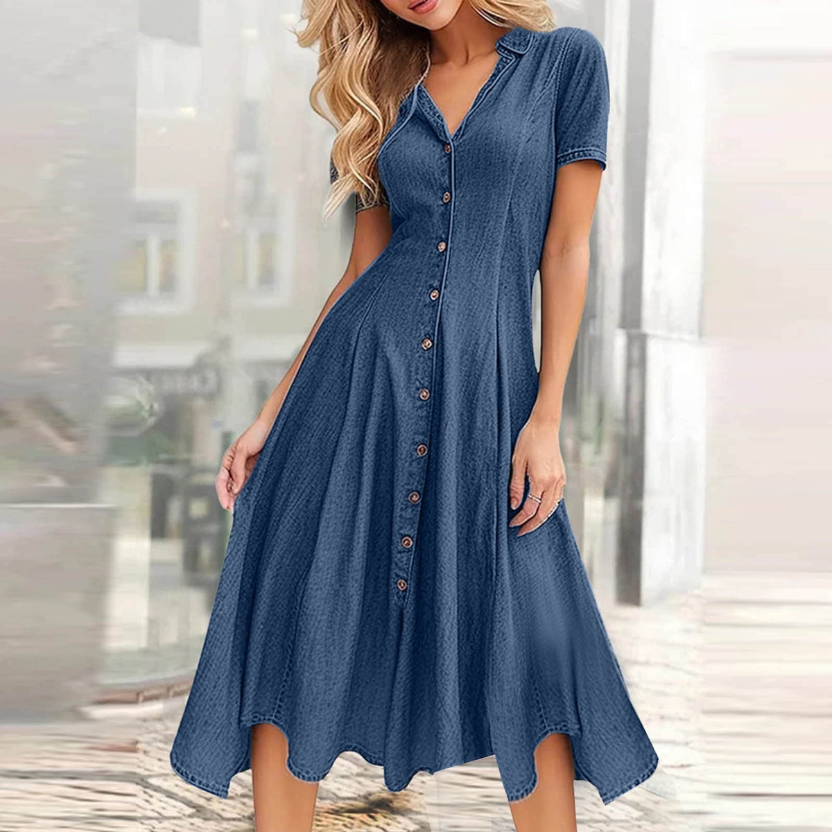 thumbnail image 1 of TMOYZQ Denim Shirt Dress for Women Short Sleeve Casual V Neck High Low Bottom Jeans Dresses with Pockets, 1 of 6