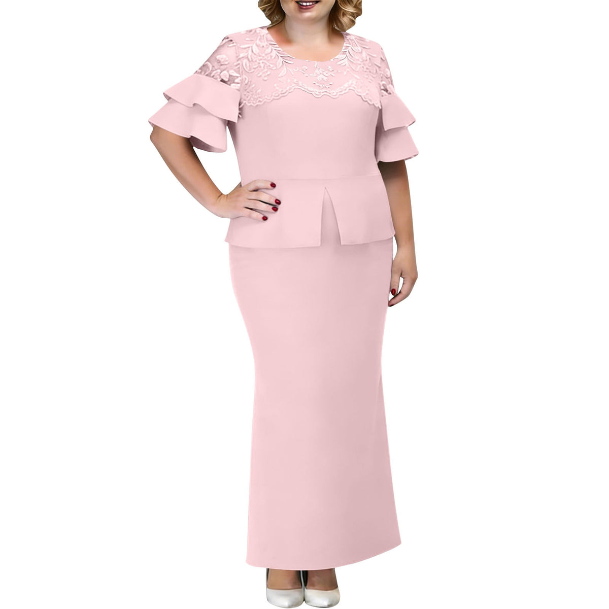 thumbnail image 1 of Two Piece Set for Women Lace Ruffle Short Sleeve Top with Mermaid Dress Plus Size Formal Wedding Party Evening Gown Dress Suit Pink L, 1 of 7