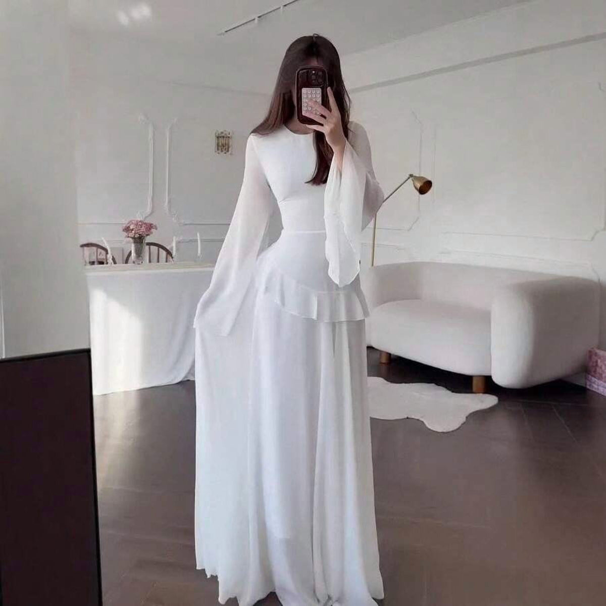 thumbnail image 1 of White Peplum Ruffle Long Sleeve Maxi Dress For Women, 1 of 28