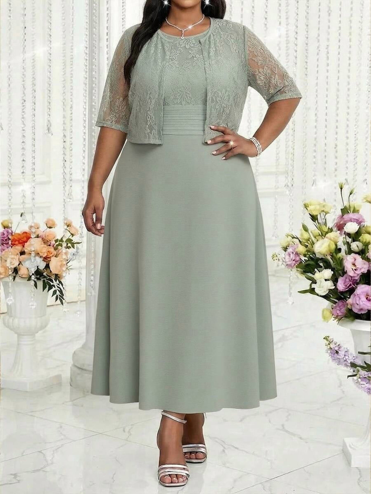 thumbnail image 1 of Women Elegant Green Lace Camisole Dress With Jacket 2 Piece Set Modest, 1 of 6