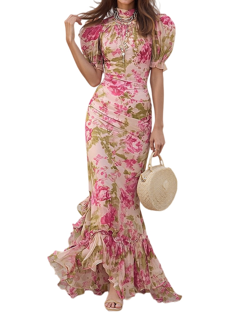 thumbnail image 1 of Women French Floral Print Dress Puff Sleeve High Neck Ruched Ruffle Hem Mermaid Maxi Dress Pink XS, 1 of 8