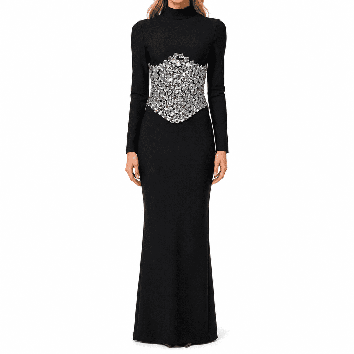 thumbnail image 1 of Women Long Sleeve Turtleneck Maxi Dress Rhinestone Waist Bodycon Mermaid Formal Evening Gown Black, 1 of 8
