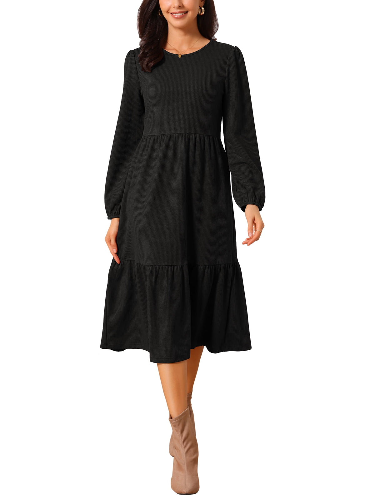 thumbnail image 1 of INSPIRE CHIC Women's Fall Dresses Long Sleeve Round Neck Tiered Casual Knit A-Line Midi Dress with Pockets S Black, 1 of 6