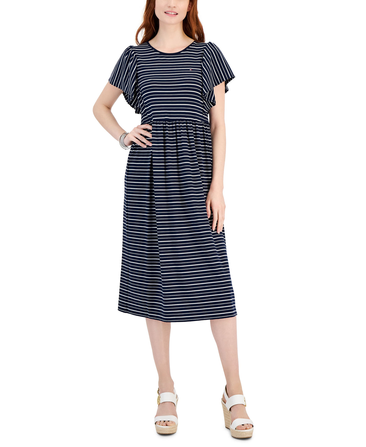 thumbnail image 1 of Women's Flutter-Sleeve Midi Dress Sky Captain/Ivory M, 1 of 1