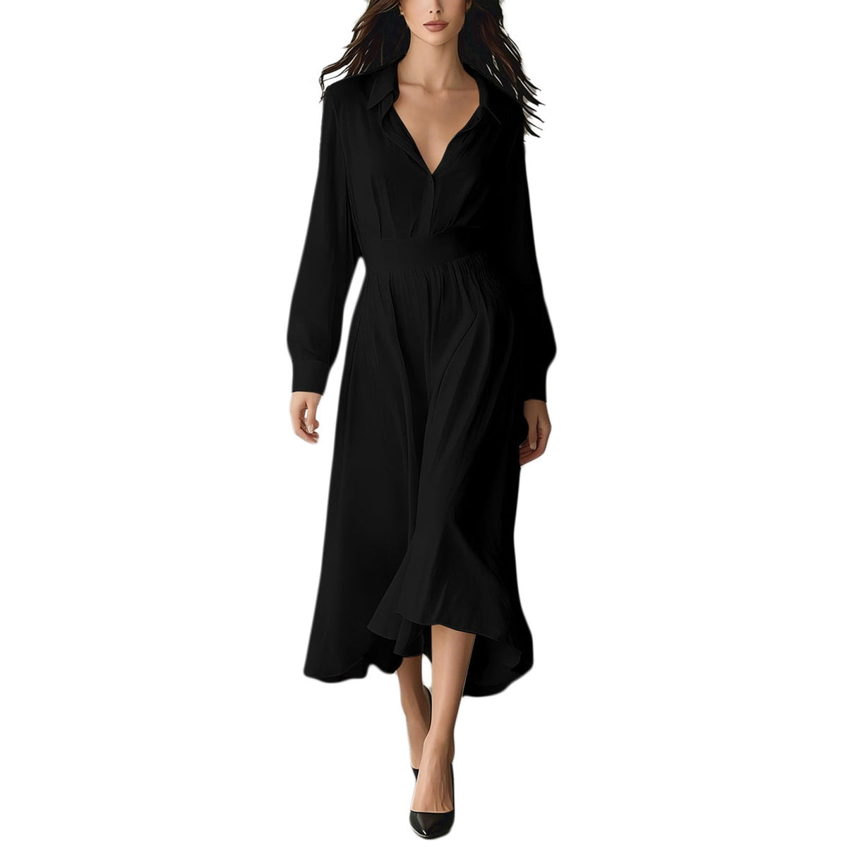 thumbnail image 1 of Women's French Style Elegant Figure Hugging Summer Dress Long Sleeves Draping Mid Length for Work Casual Black L, 1 of 4
