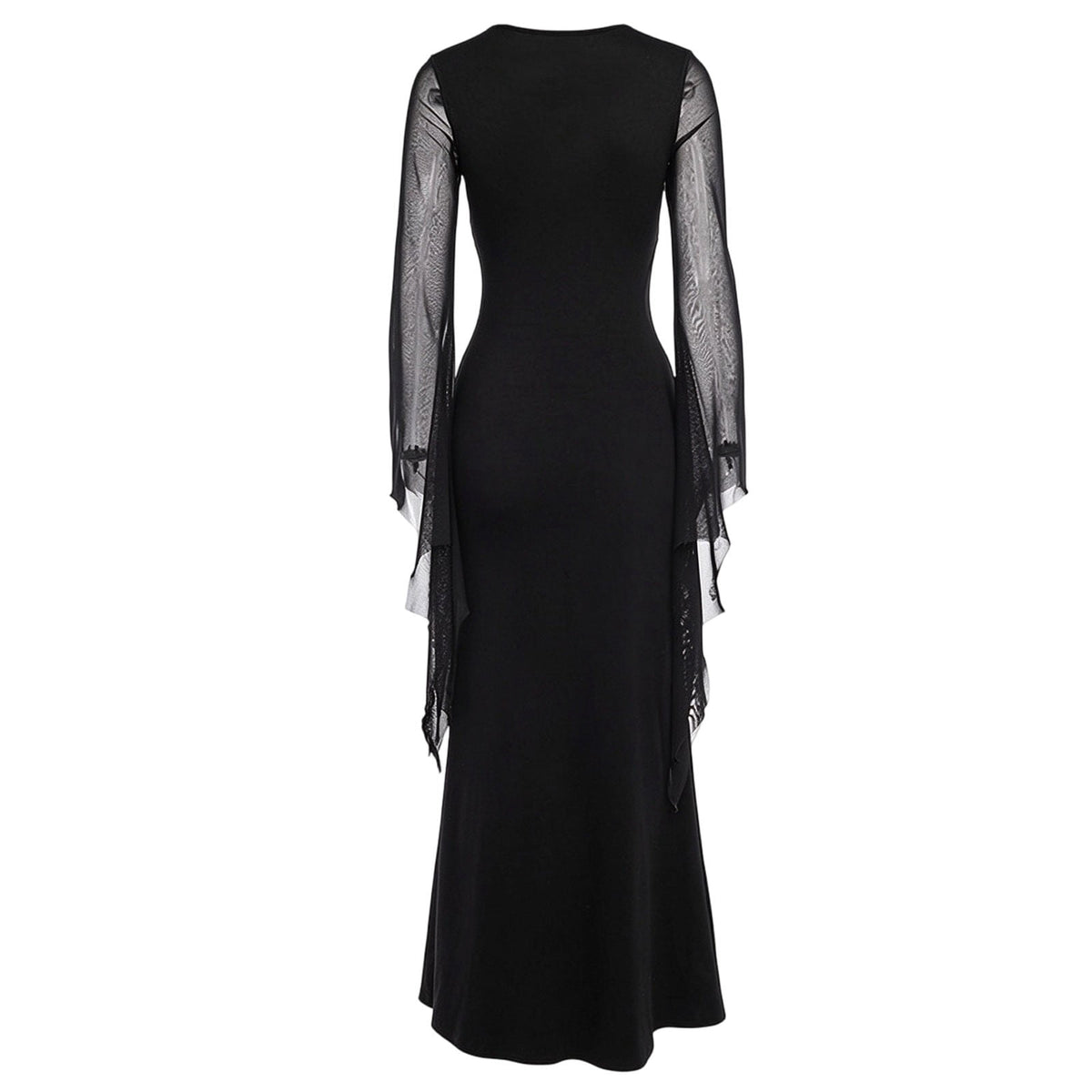 thumbnail image 1 of Women's Halloween Vintage Mesh Dress Bell Sleeve Lace Up V Neck High Slit Black Cosplay Gown, 1 of 6