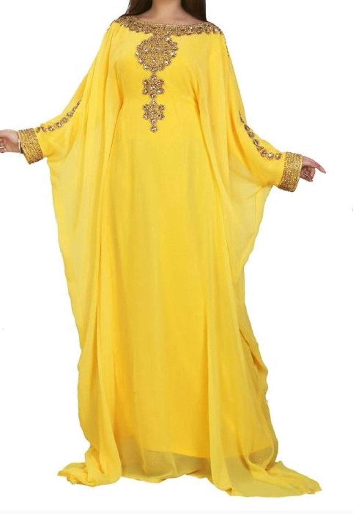 thumbnail image 1 of Women's Hand Beaded Kaftan Maxi Dress – Luxury Stone Embellished Long Abaya, Elegant Formal Evening Gown, One Size Modest Dress for Wedding, Party, Eid & Special Occasions – Yellow, 1 of 8